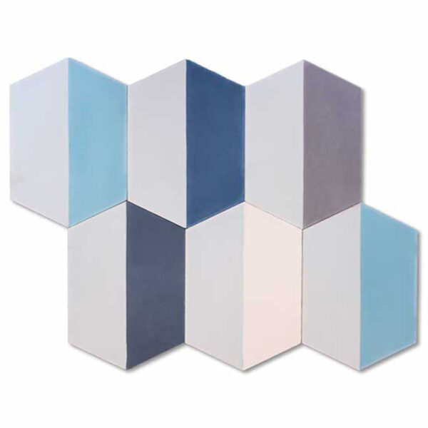 Hex Demi Long Concrete Tiles - Multi Blues